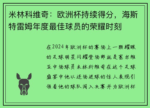 米林科维奇：欧洲杯持续得分，海斯特雷姆年度最佳球员的荣耀时刻